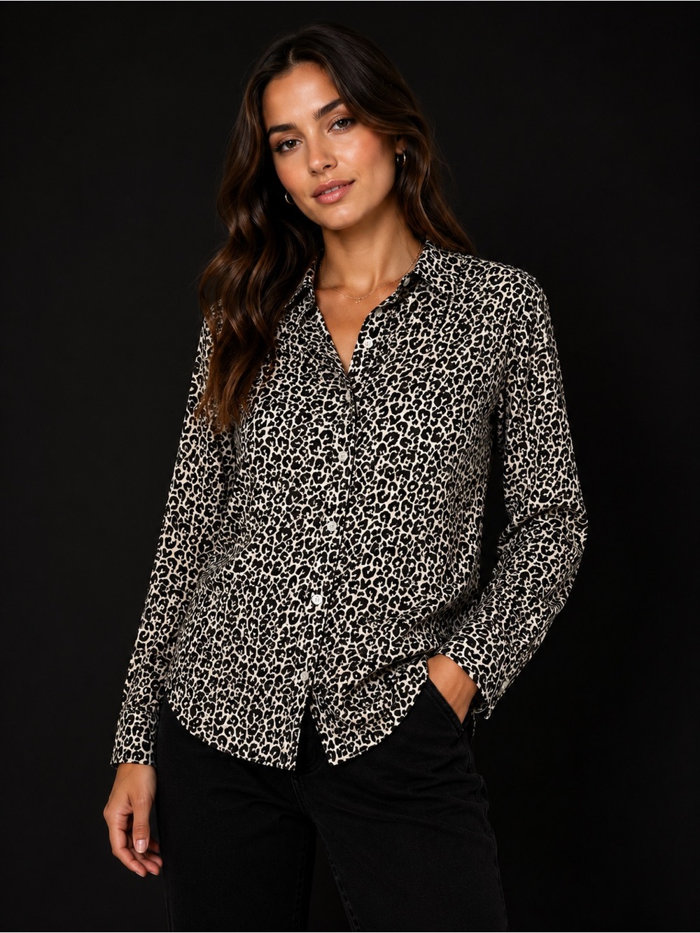 Leopard Print Button-Up Blouse - Black & Cream- 0630